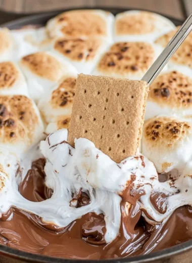 Delicious S'mores Dip served with graham crackers and melted chocolate.