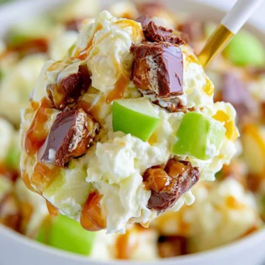 A bowl of Snickers Salad with chopped Snickers bars and fresh fruit