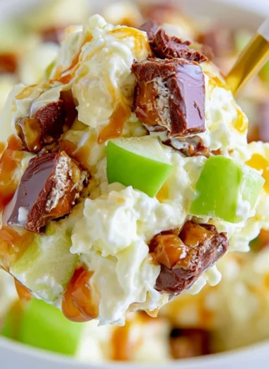A bowl of Snickers Salad with chopped Snickers bars and fresh fruit