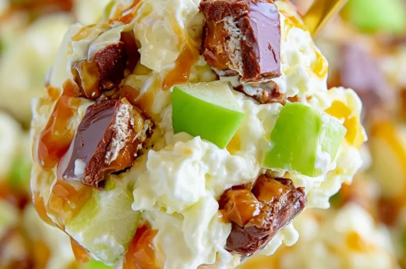 A bowl of Snickers Salad with chopped Snickers bars and fresh fruit