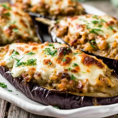 Deliciously baked stuffed eggplant topped with a savory Spanish filling.