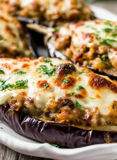 Deliciously baked stuffed eggplant topped with a savory Spanish filling.