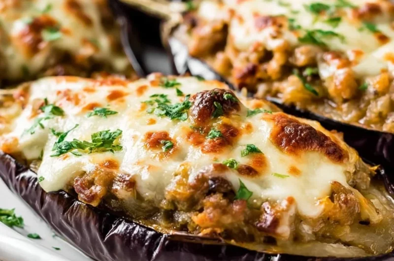 Deliciously baked stuffed eggplant topped with a savory Spanish filling.