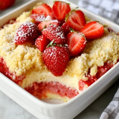 Delicious strawberry cheesecake dump cake topped with fresh strawberries and cream.
