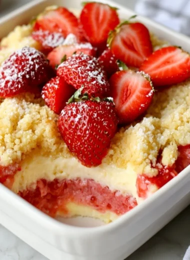 Delicious strawberry cheesecake dump cake topped with fresh strawberries and cream.