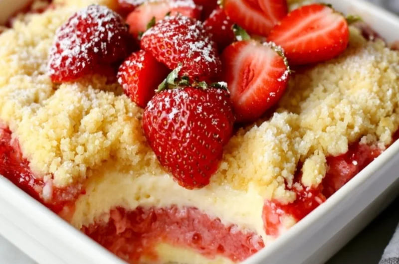 Delicious strawberry cheesecake dump cake topped with fresh strawberries and cream.