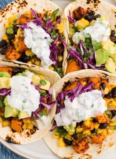 Delicious sweet potato and black bean tacos on a plate