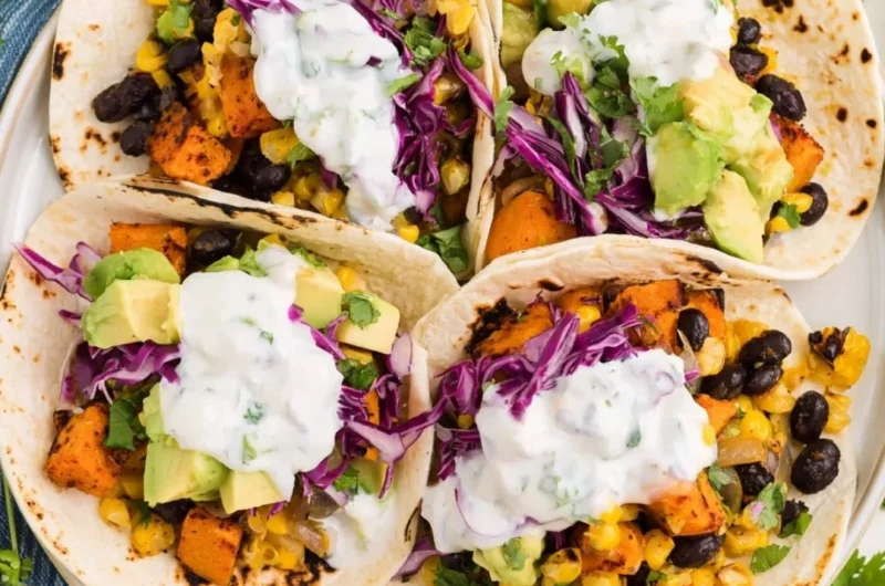 Delicious sweet potato and black bean tacos on a plate