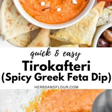 Delicious Tirokafteri, a spicy Greek feta dip served with crusty bread