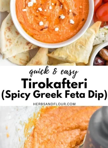 Delicious Tirokafteri, a spicy Greek feta dip served with crusty bread