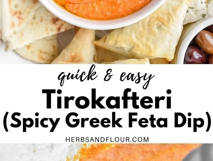 Delicious Tirokafteri, a spicy Greek feta dip served with crusty bread