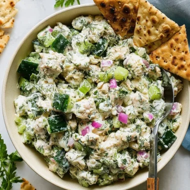 Delicious Tzatziki Chicken Salad with chicken, tzatziki sauce, and fresh vegetables.