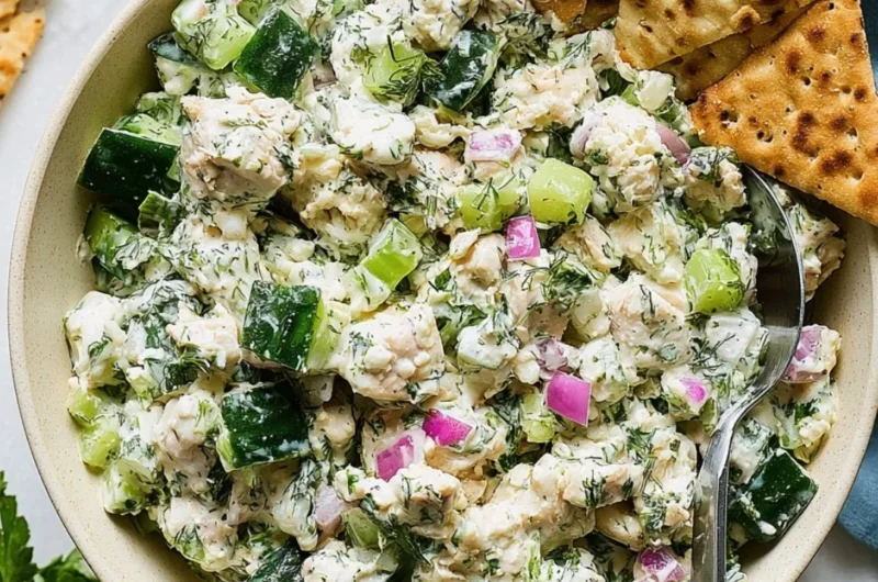 Delicious Tzatziki Chicken Salad with chicken, tzatziki sauce, and fresh vegetables.
