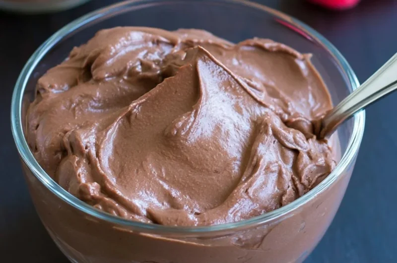 Delicious vegan chocolate pudding in a dessert bowl topped with cocoa powder.