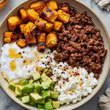 High-protein cottage cheese taco bowl topped with fresh ingredients