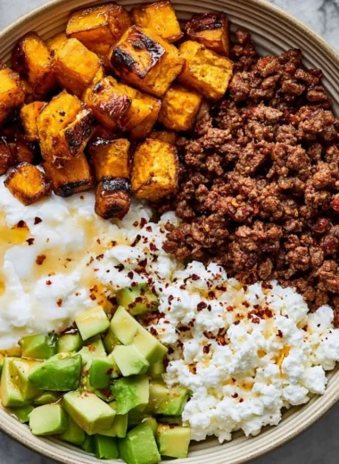 High-protein cottage cheese taco bowl topped with fresh ingredients