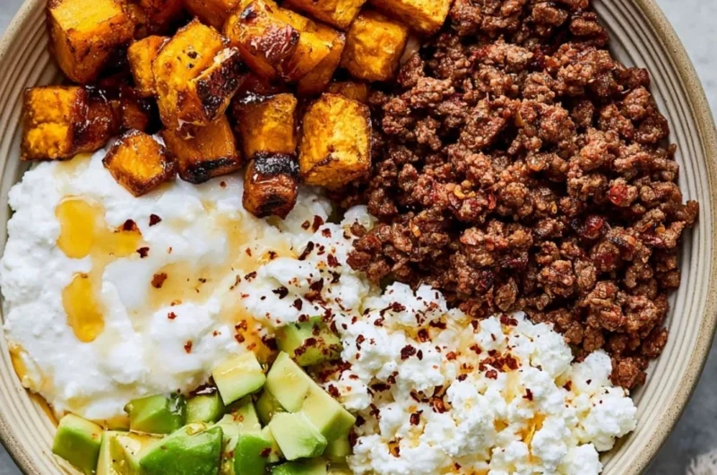 High-protein cottage cheese taco bowl topped with fresh ingredients
