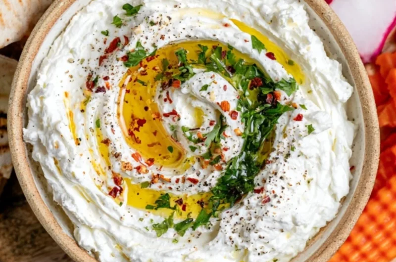 Delicious whipped feta dip served in a bowl with herbs and crackers.