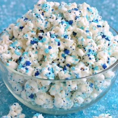 Delicious Winter Wonderland White Chocolate Popcorn in a festive bowl