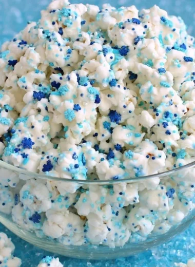 Delicious Winter Wonderland White Chocolate Popcorn in a festive bowl