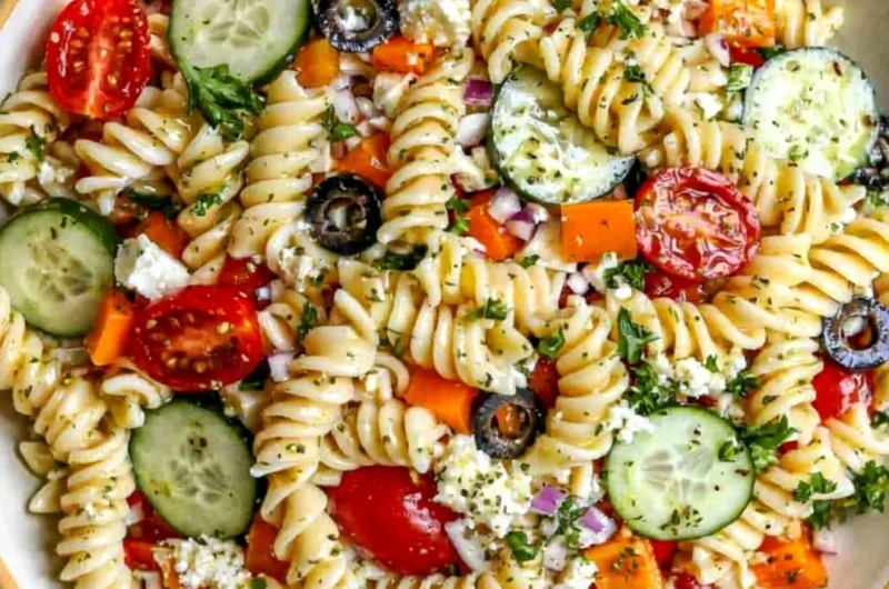 A delicious pasta salad featuring fresh vegetables, ideal for summer gatherings