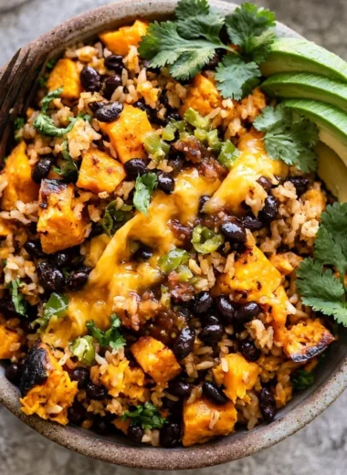 Delicious Southwest sweet potato, black bean, and rice skillet in a cast-iron pan.