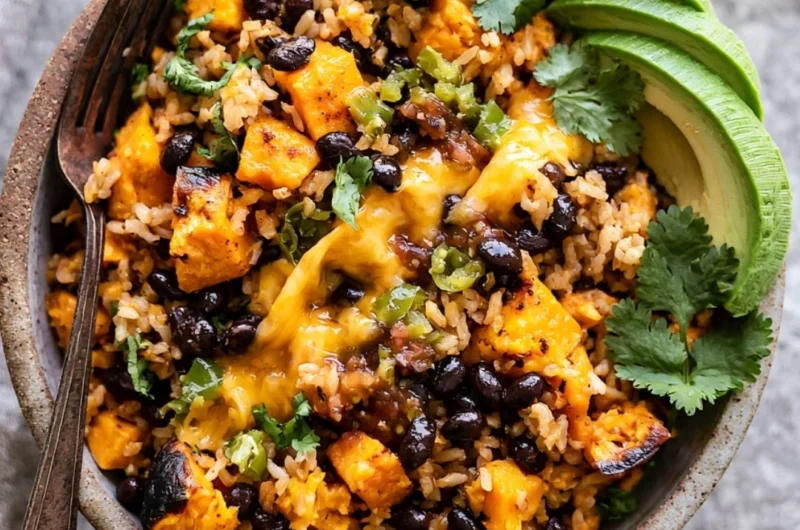 Delicious Southwest sweet potato, black bean, and rice skillet in a cast-iron pan.