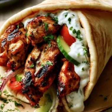 Delicious plate of authentic Greek Chicken Gyros topped with fresh vegetables.