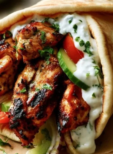 Delicious plate of authentic Greek Chicken Gyros topped with fresh vegetables.