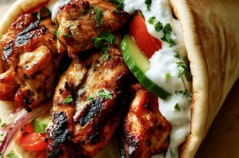 Delicious plate of authentic Greek Chicken Gyros topped with fresh vegetables.