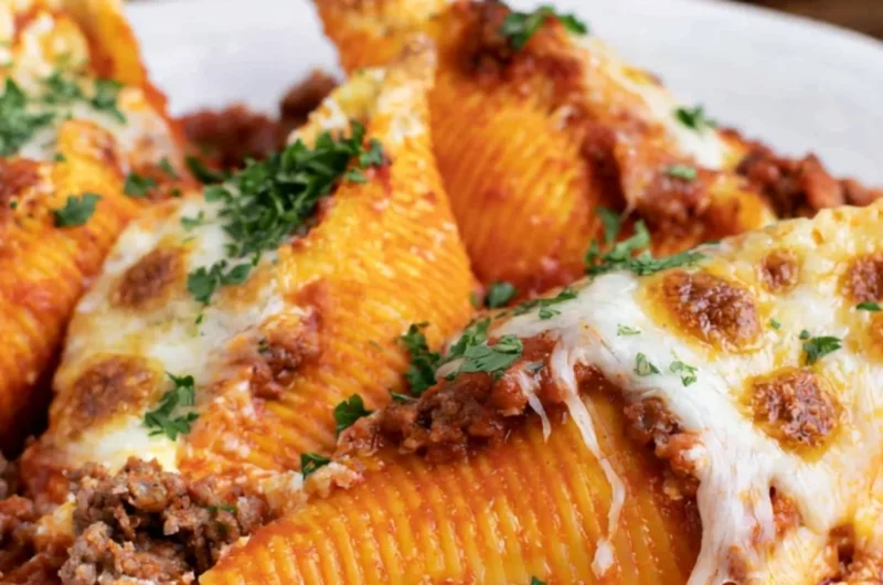 Baked stuffed shells filled with cheese and topped with marinara sauce