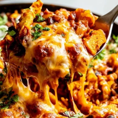 Delicious butternut squash and black bean enchilada skillet topped with cheese.