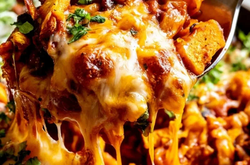 Delicious butternut squash and black bean enchilada skillet topped with cheese.