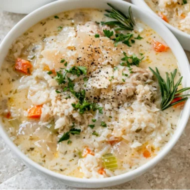 Cozy creamy chicken and rice soup in a bowl with herbs and spices