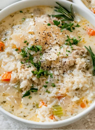 Cozy creamy chicken and rice soup in a bowl with herbs and spices