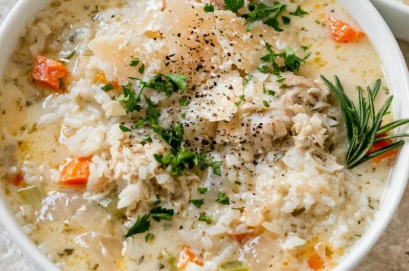 Cozy creamy chicken and rice soup in a bowl with herbs and spices