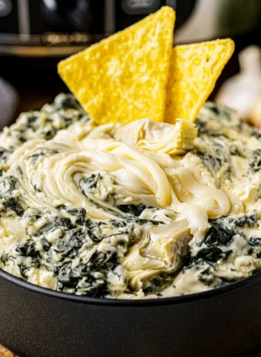 Cozy crock pot spinach artichoke dip served in a bowl with tortilla chips.