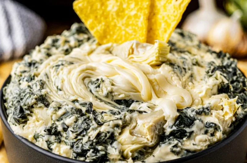 Cozy crock pot spinach artichoke dip served in a bowl with tortilla chips.