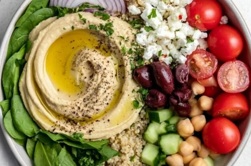 Cozy Mediterranean Hummus Bowl with fresh vegetables and toppings
