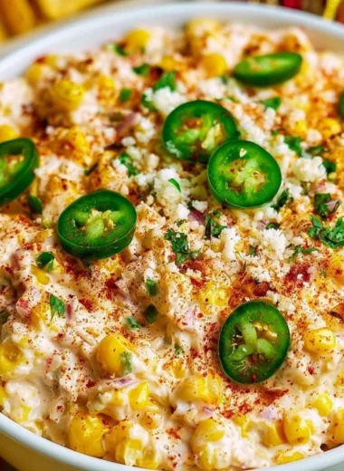 Cozy Mexican street corn dip served in a bowl with cilantro and lime wedges.