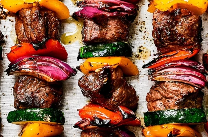 Delicious cozy steak kabobs on skewers ready for grilling.