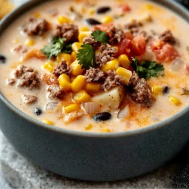 Bowl of creamy cowboy soup with vegetables and spices