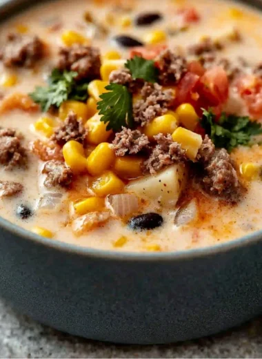 Bowl of creamy cowboy soup with vegetables and spices