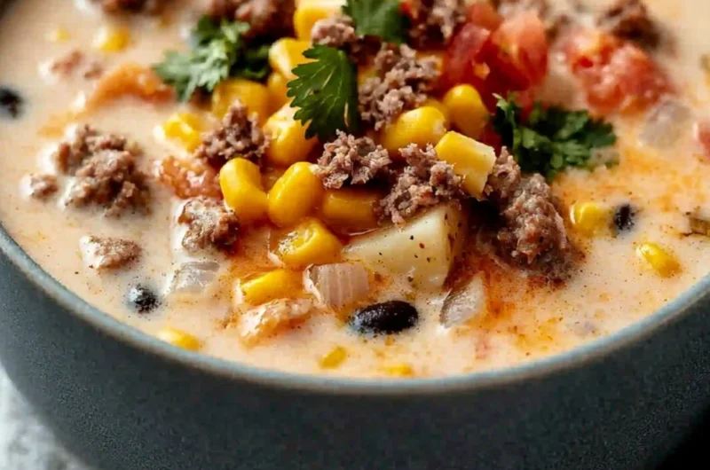 Bowl of creamy cowboy soup with vegetables and spices
