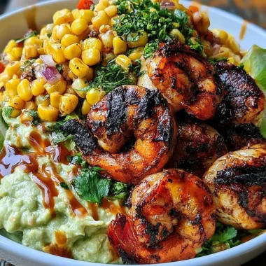 Easy grilled shrimp bowl garnished with avocado and corn salsa