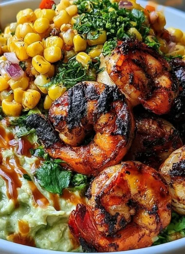 Easy grilled shrimp bowl garnished with avocado and corn salsa