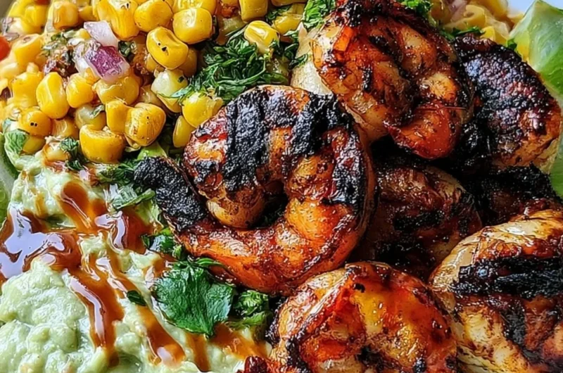 Easy grilled shrimp bowl garnished with avocado and corn salsa