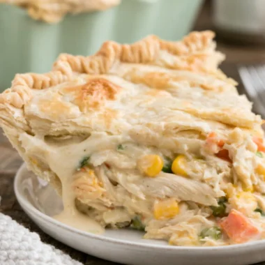 Delicious easy semi-homemade chicken pot pie served in a rustic dish