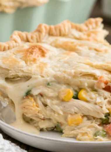 Delicious easy semi-homemade chicken pot pie served in a rustic dish