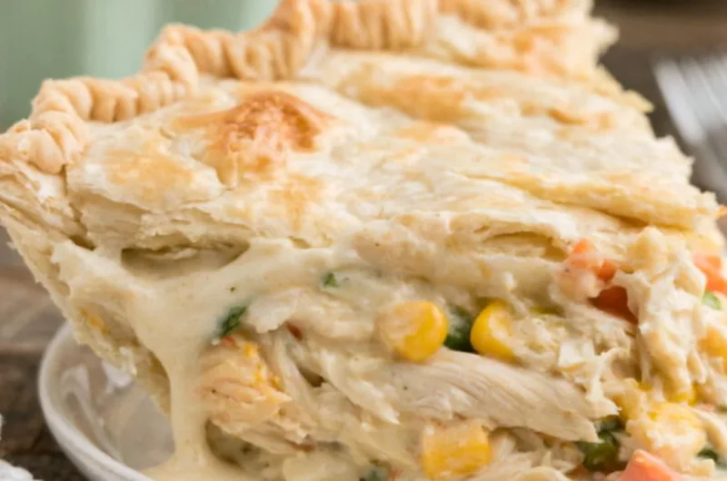 Delicious easy semi-homemade chicken pot pie served in a rustic dish